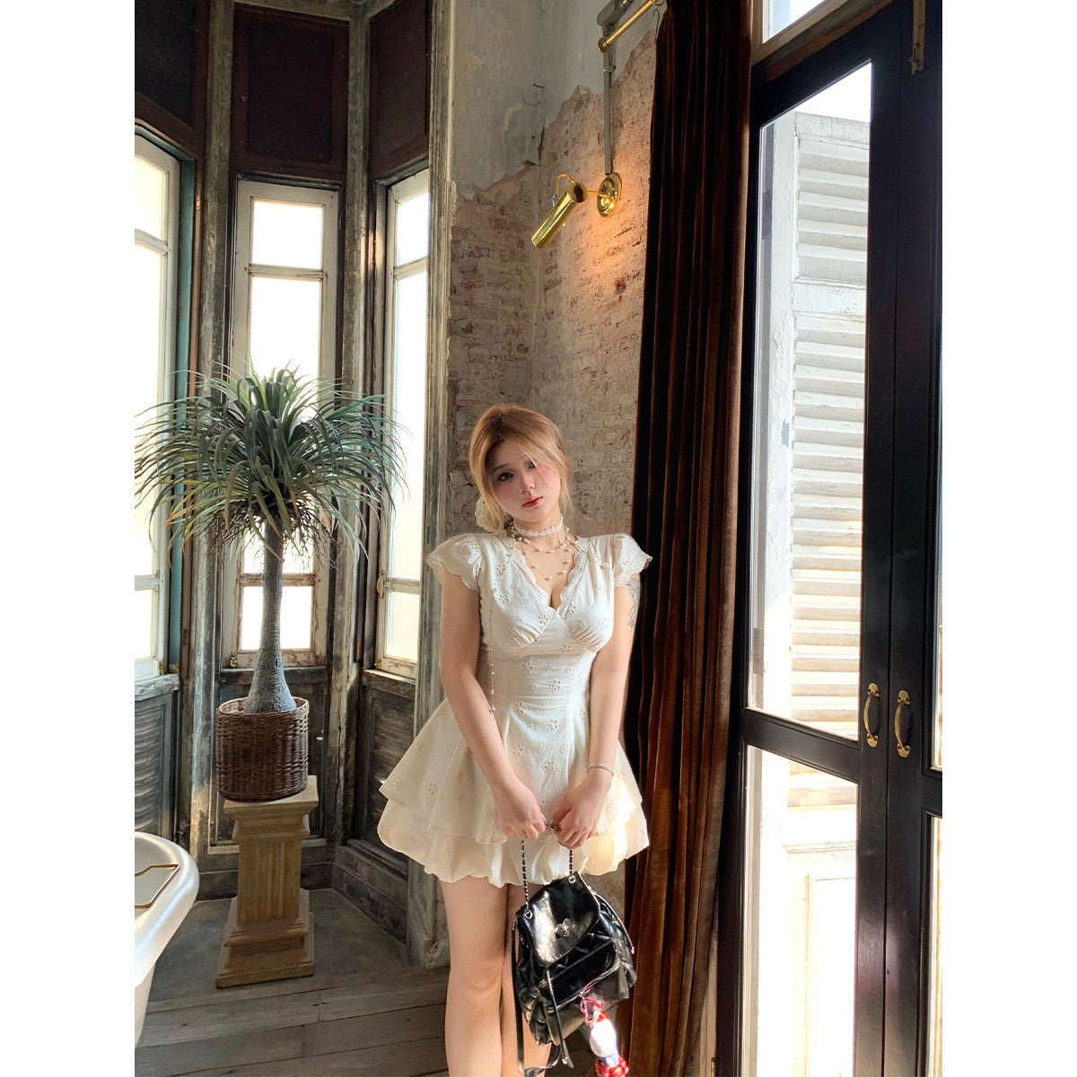 Apricot Eyelet Fit-and-Flare Mini Dress - EveningVerse1 Main image