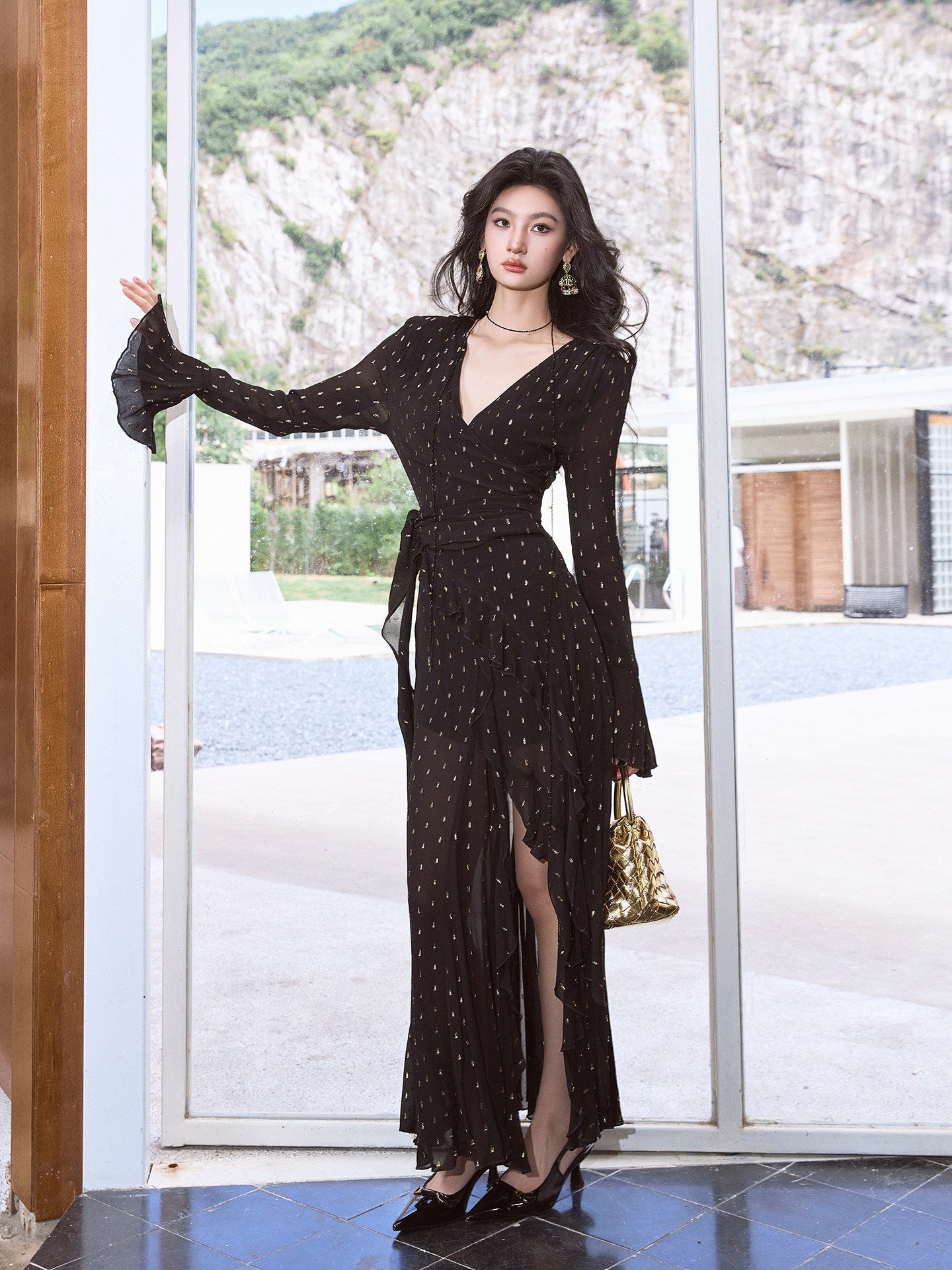 Black Polka Dot Wrap Maxi Dress with Slit Main image