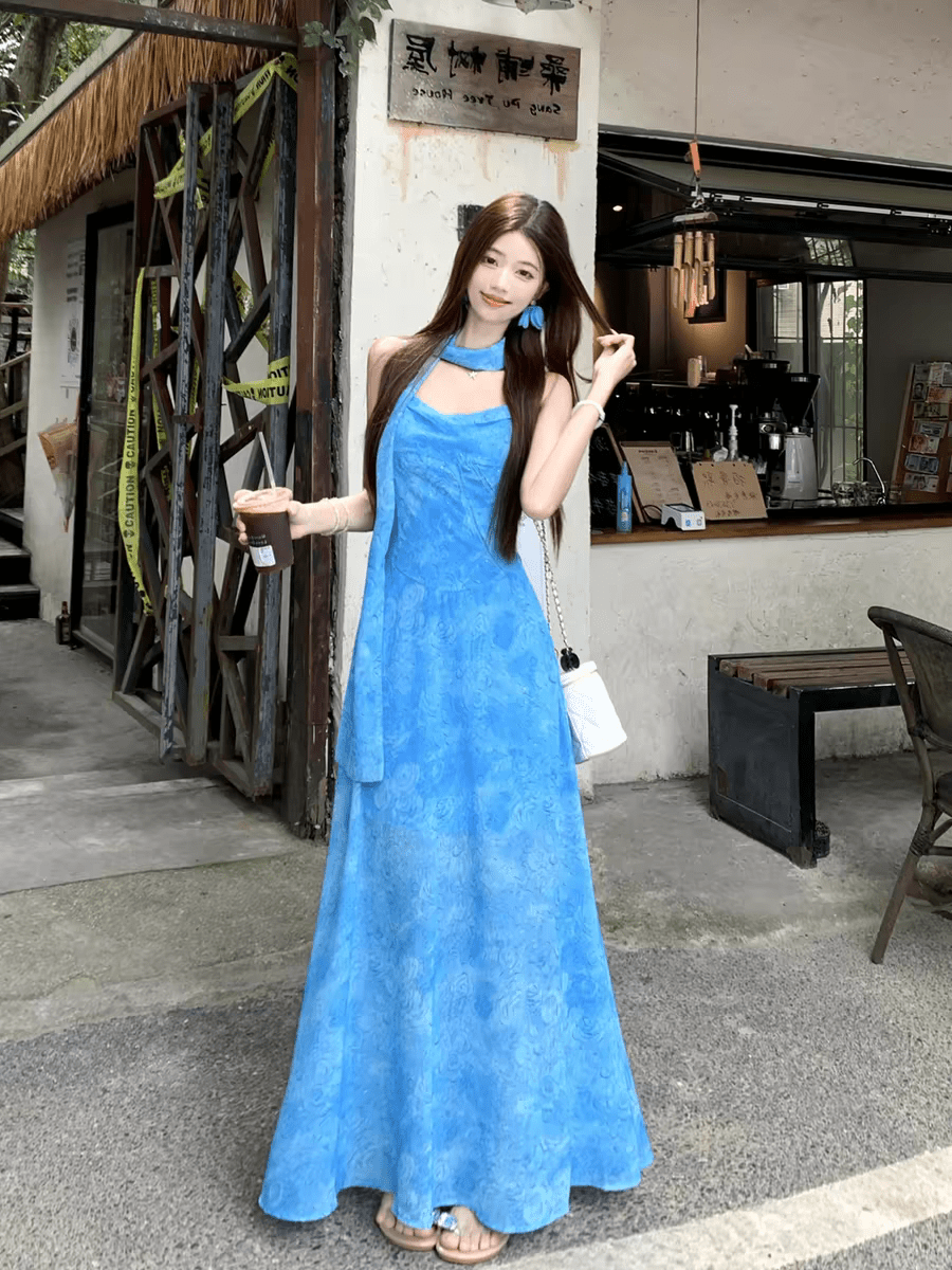 Blue Tie Dye Chiffon Halter Neck Back Streamer Maxi Dress Secondary image