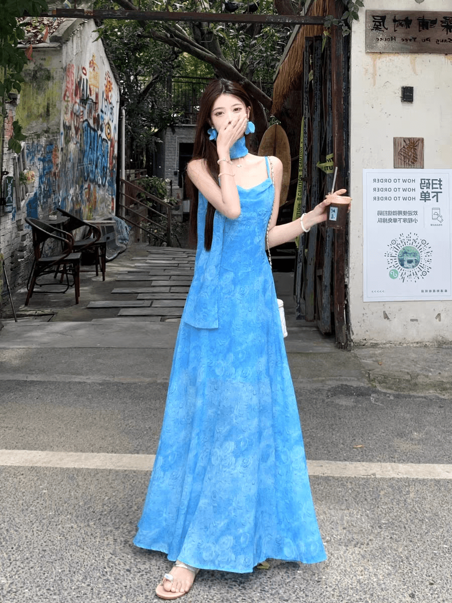 Blue Tie Dye Chiffon Halter Neck Back Streamer Maxi Dress - EveningVerse1 Main image