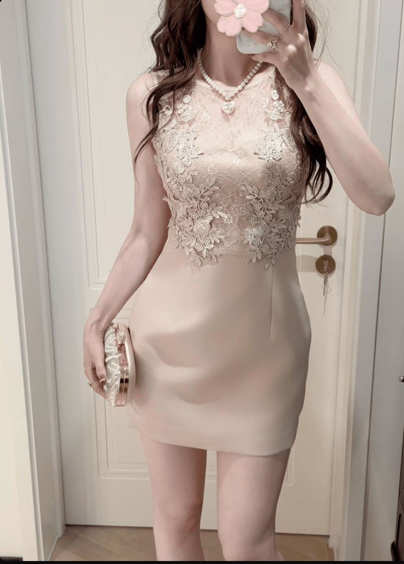 Blush Pink Lace Round Neck Ruched Waist Cutout Back Sleeveless Mini Dress Secondary image