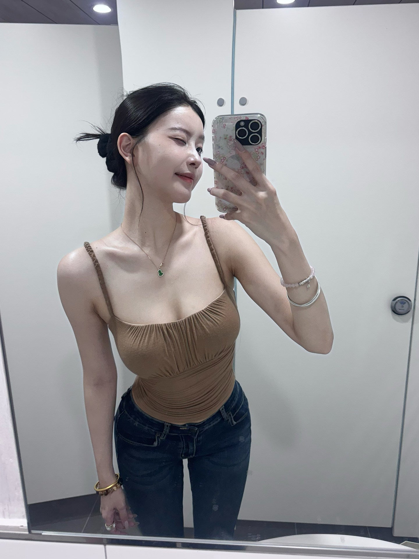 Brown Ruched Cutout Back Braided Strap Square Neck Built-in Bra Cami Top Secondary image