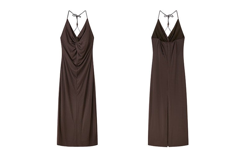 Brown Twist Slip Midi Dress Spaghetti Strap Backless Secondary image