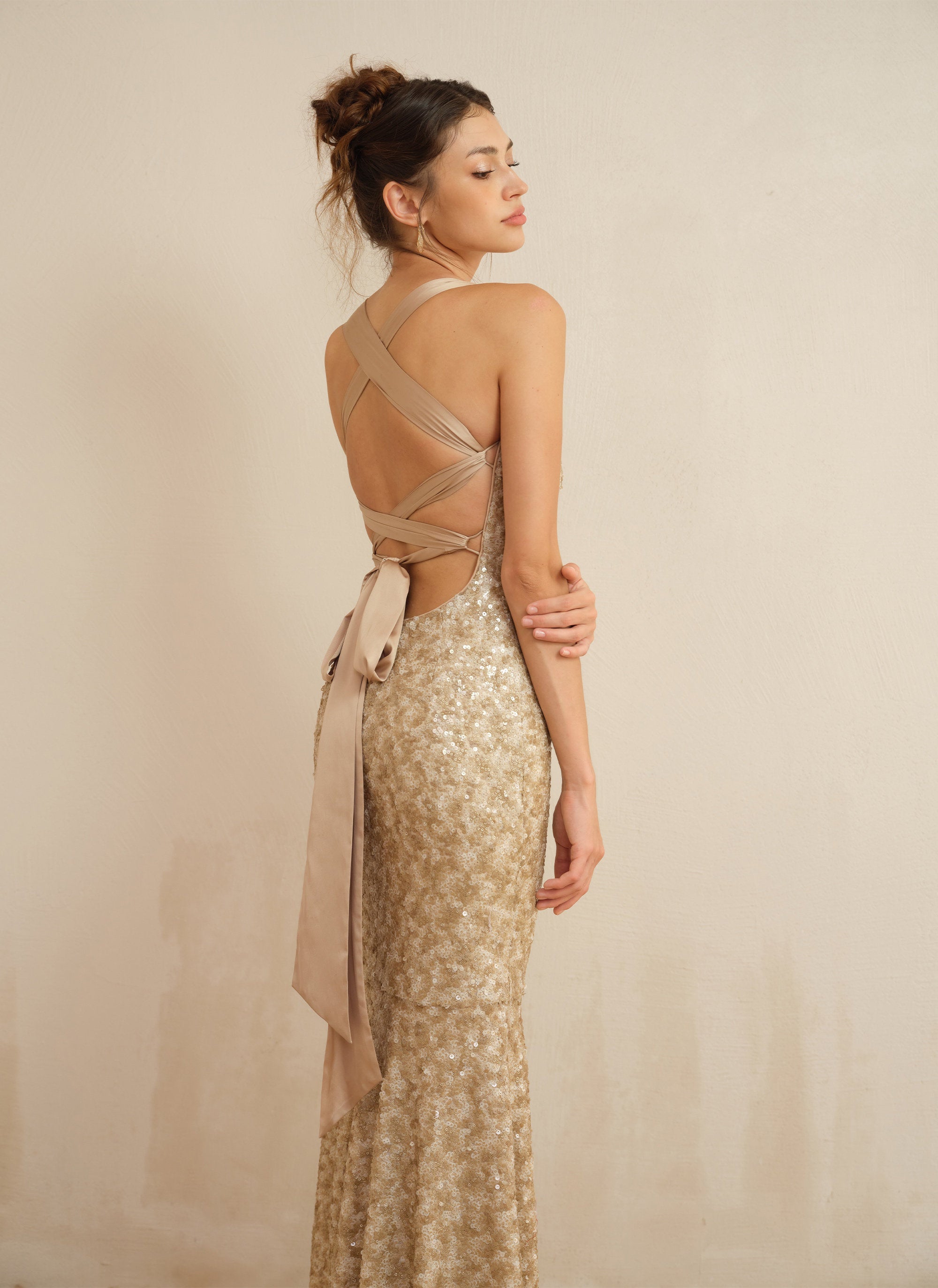 Champagne Cross Back Sequin Mermaid Gown Secondary image