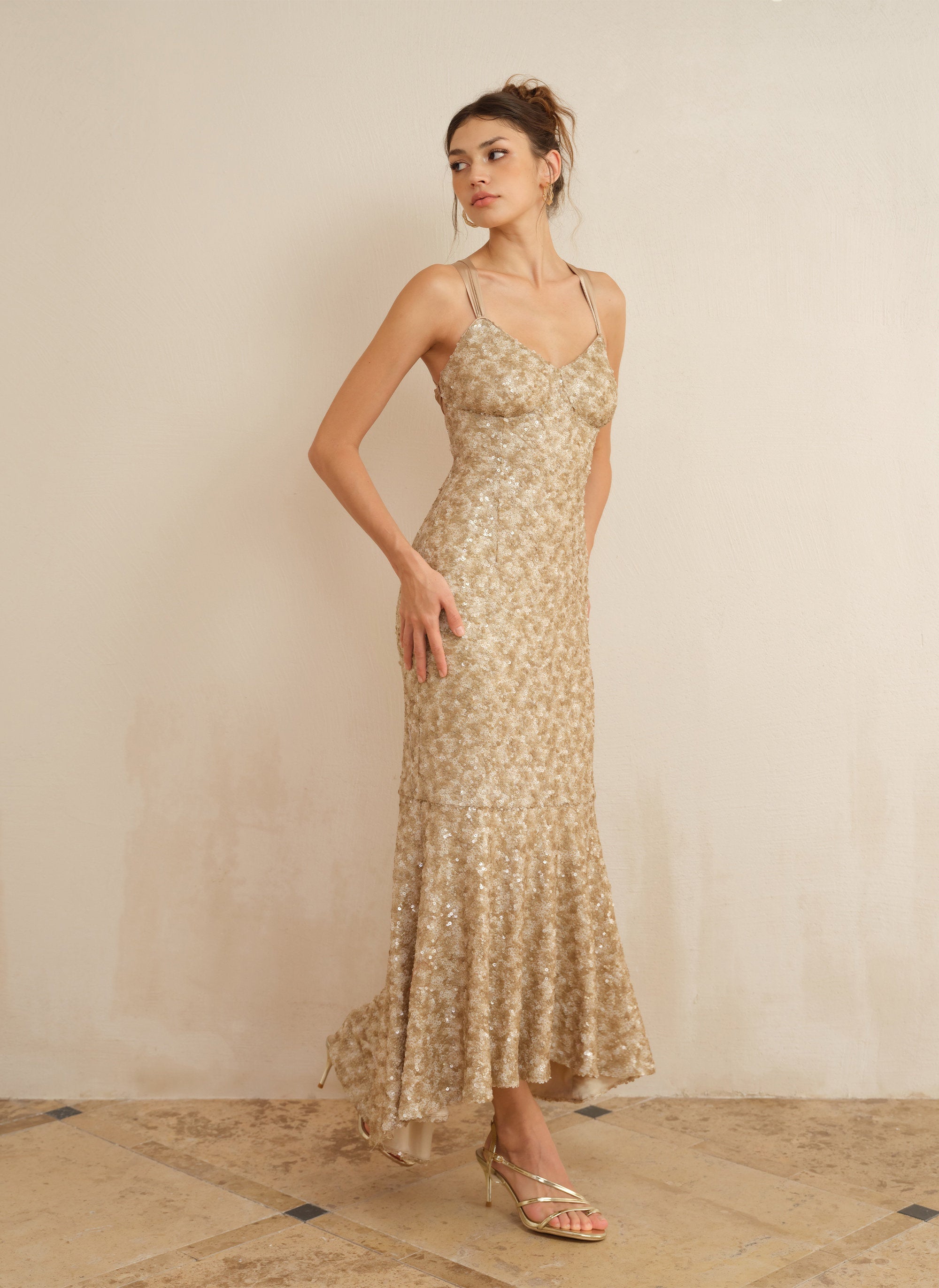 Champagne Cross Back Sequin Mermaid Gown Main image