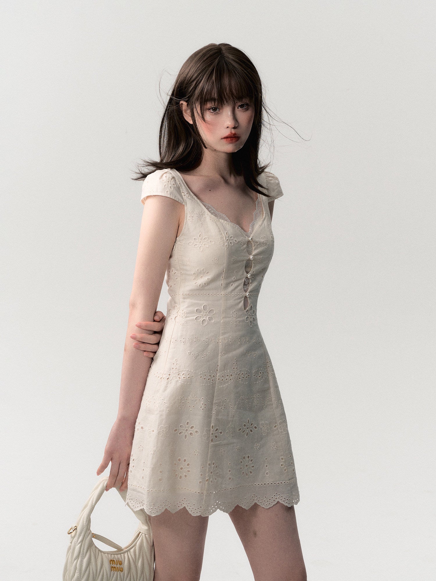 Cream White Eyelet Embroidery V-neck Cap Sleeve Ruched Waist Dress Secondary image