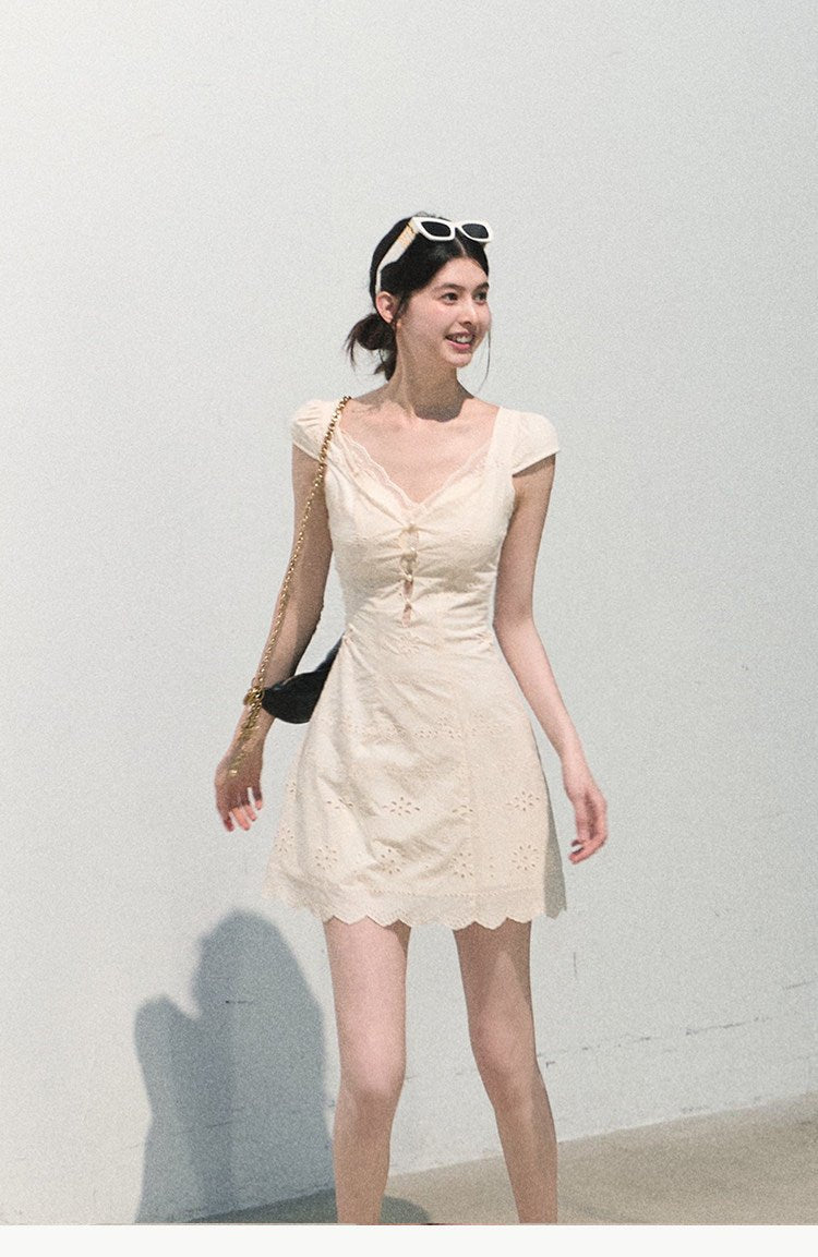 Cream White Eyelet Embroidery V-neck Cap Sleeve Ruched Waist Dress - EveningVerse1 Main image