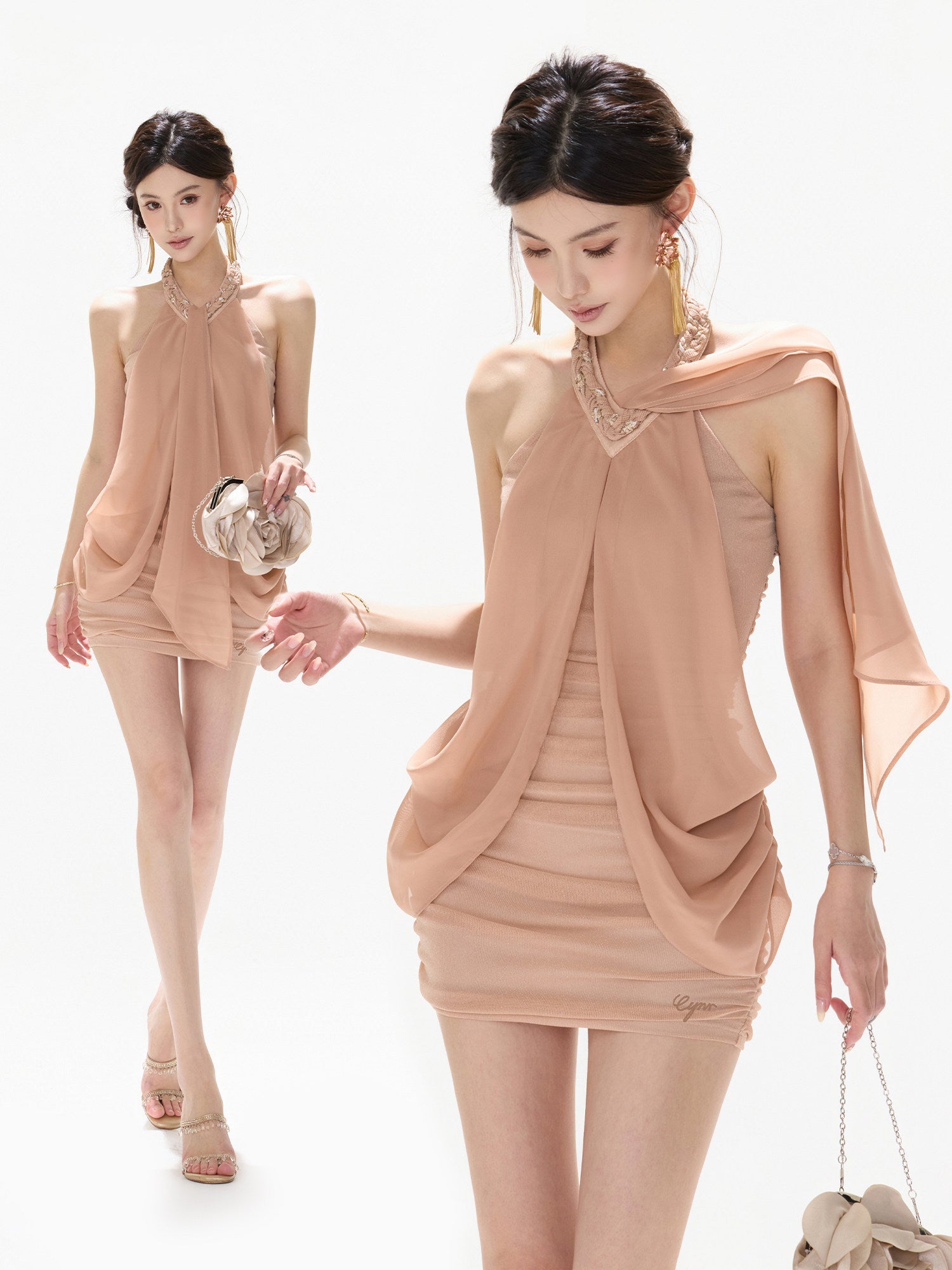 Draped Halter Neck Ruched Bodycon Mini Dress Secondary image