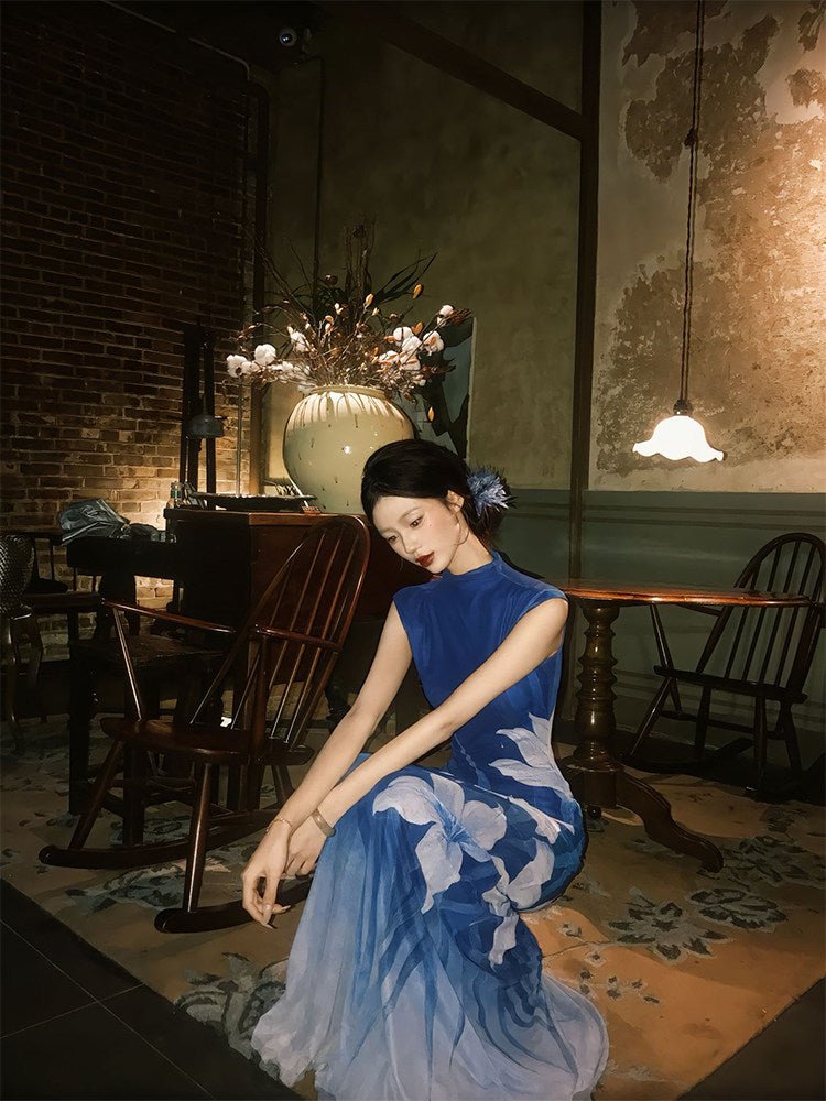 Elegant Stand Collar Floral Print Maxi Dress Secondary image