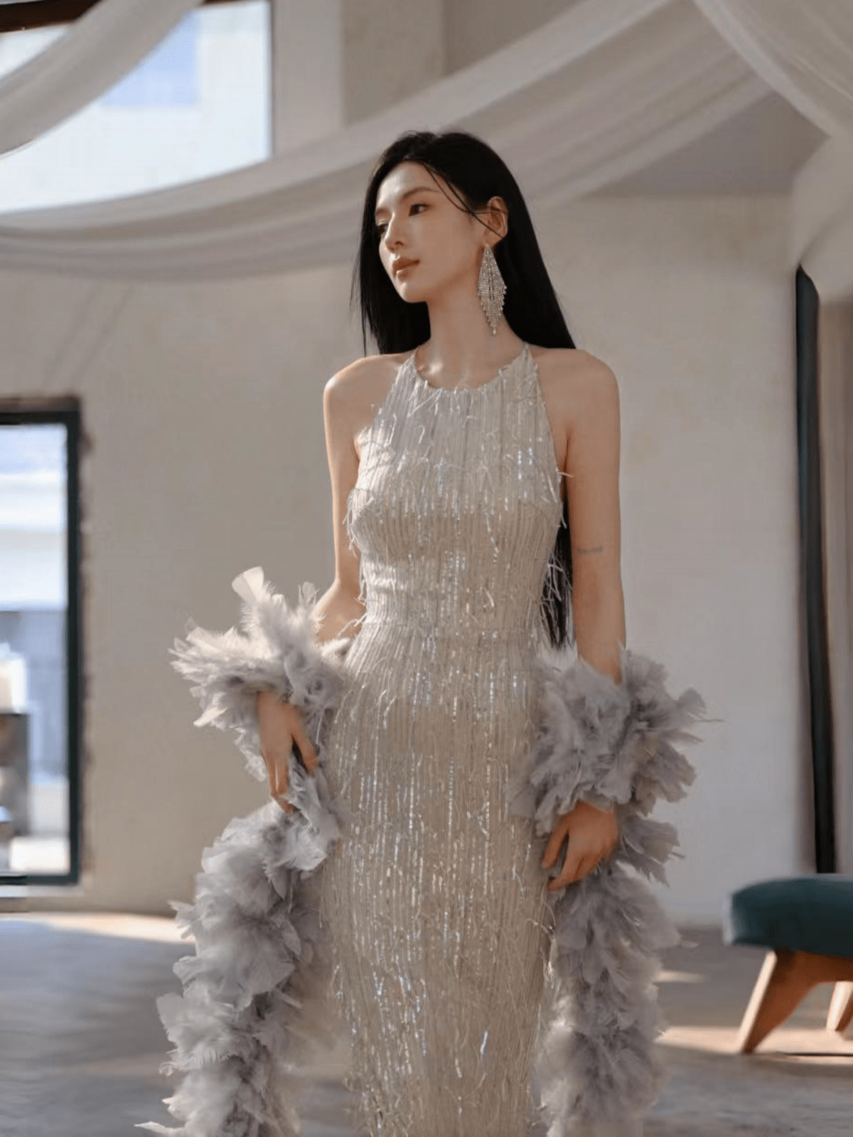 Glamorous Sequin Fringe Halter Maxi Gown Secondary image