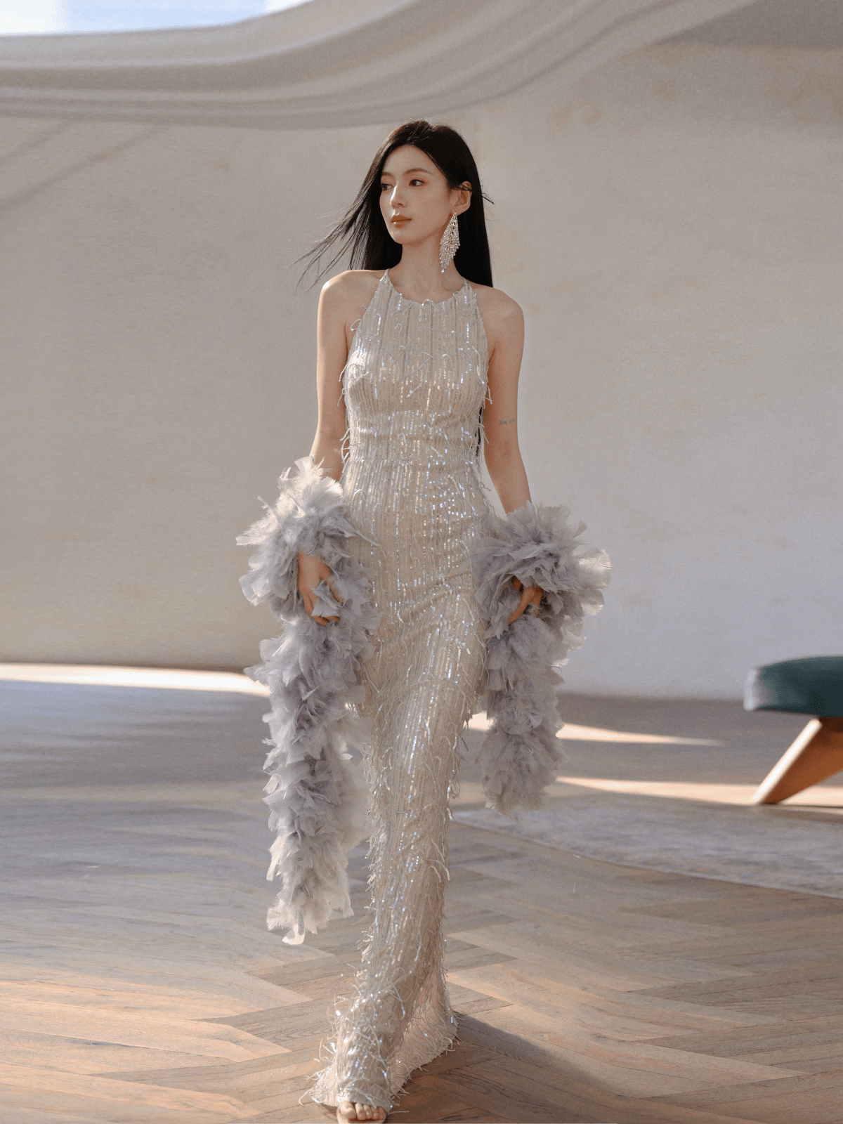 Glamorous Sequin Fringe Halter Maxi Gown Main image