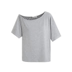 Grey Black Off Shoulder Loose Fit Bamboo Fiber Short Sleeve Top - EveningVerse11