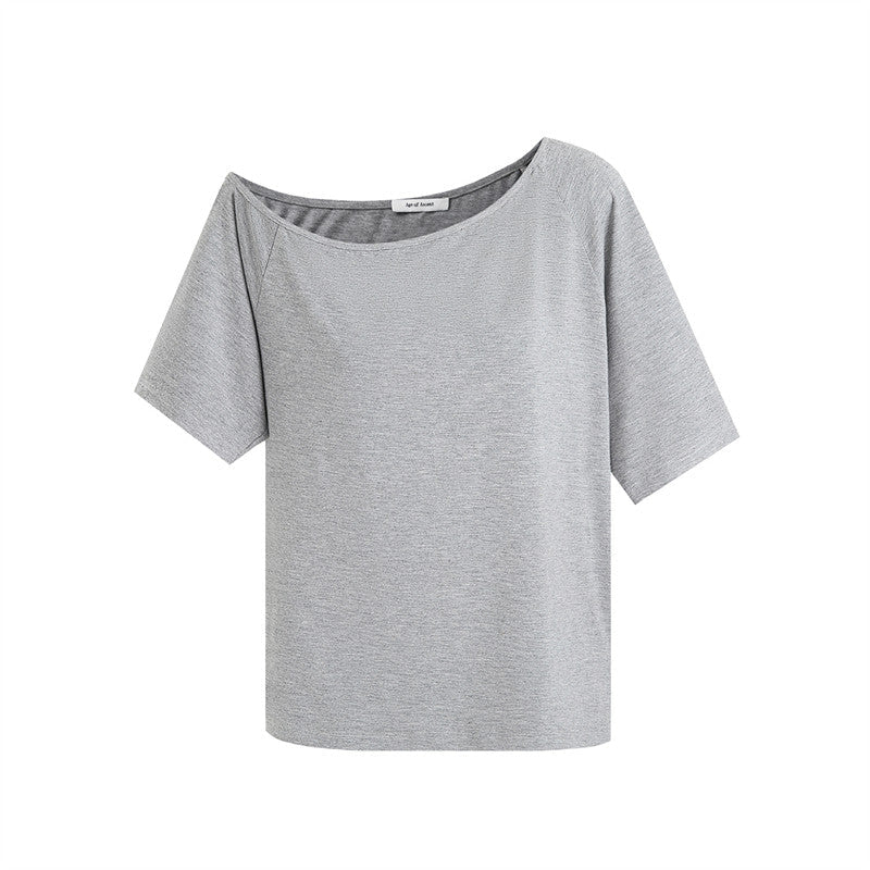 Grey Black Off Shoulder Loose Fit Bamboo Fiber Short Sleeve Top - EveningVerse11