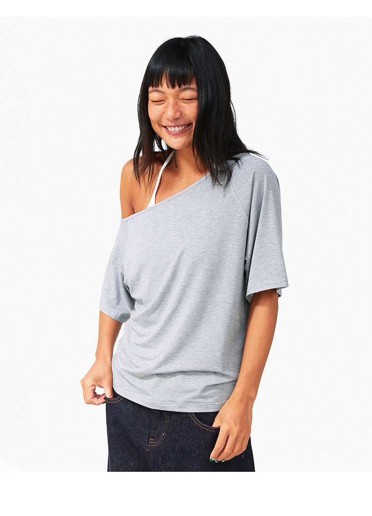 Grey Black Off Shoulder Loose Fit Bamboo Fiber Short Sleeve Top - EveningVerse2