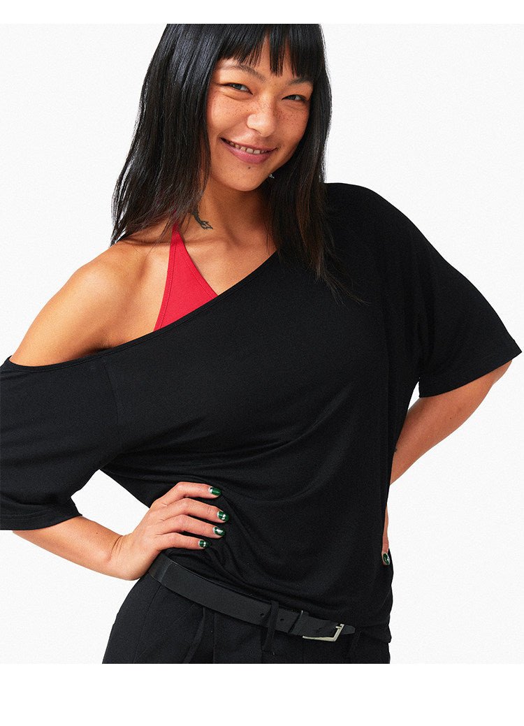 Grey Black Off Shoulder Loose Fit Bamboo Fiber Short Sleeve Top - EveningVerse5