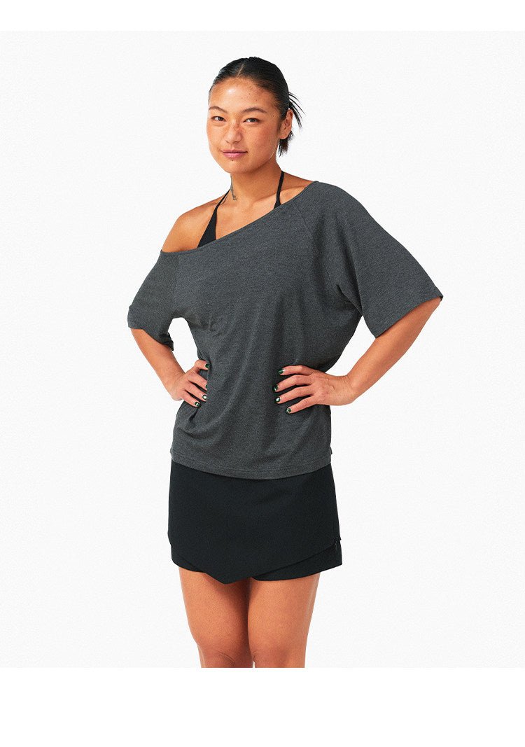 Grey Black Off Shoulder Loose Fit Bamboo Fiber Short Sleeve Top - EveningVerse8