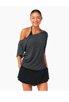 Grey Black Off Shoulder Loose Fit Bamboo Fiber Short Sleeve Top - EveningVerse7