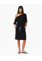 Grey Black Off Shoulder Loose Fit Bamboo Fiber Short Sleeve Top - EveningVerse6