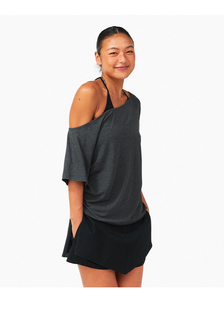 Grey Black Off Shoulder Loose Fit Bamboo Fiber Short Sleeve Top - EveningVerse9