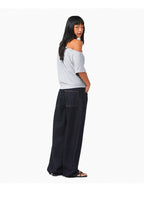 Grey Black Off Shoulder Loose Fit Bamboo Fiber Short Sleeve Top - EveningVerse3