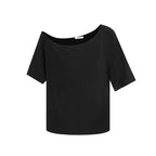 Grey Black Off Shoulder Loose Fit Bamboo Fiber Short Sleeve Top - EveningVerse10