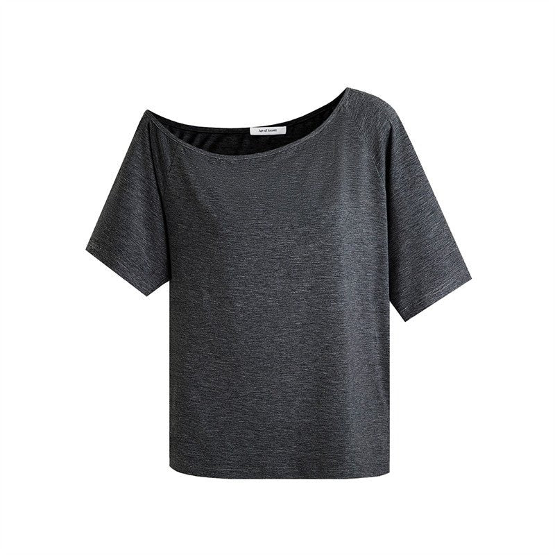 Grey Black Off Shoulder Loose Fit Bamboo Fiber Short Sleeve Top - EveningVerse12