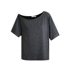 Grey Black Off Shoulder Loose Fit Bamboo Fiber Short Sleeve Top - EveningVerse12