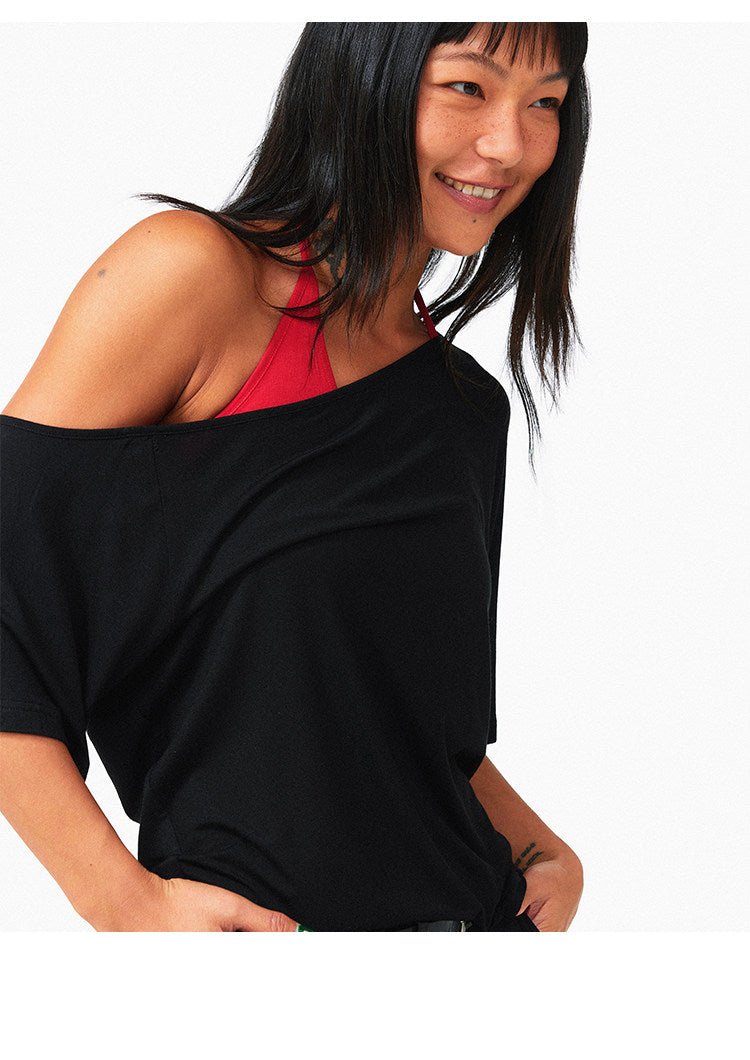 Grey Black Off Shoulder Loose Fit Bamboo Fiber Short Sleeve Top - EveningVerse4