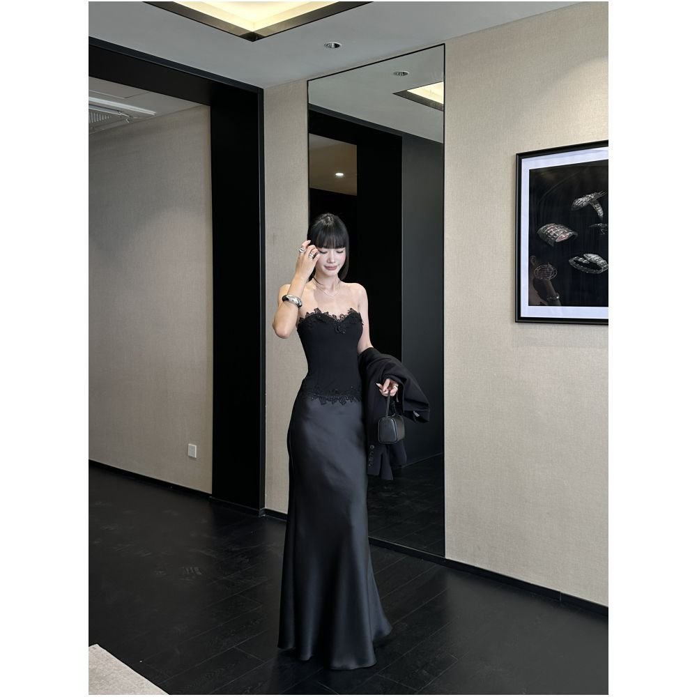 Lace Trim Strapless Satin Mermaid Maxi Gown Main image