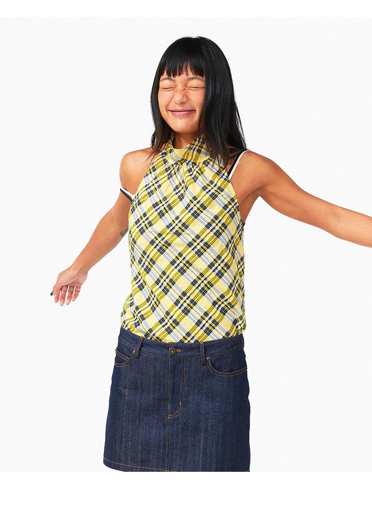 Lemon Yellow & Navy Blue Cotton Plaid Halter Top - EveningVerse1 Main image