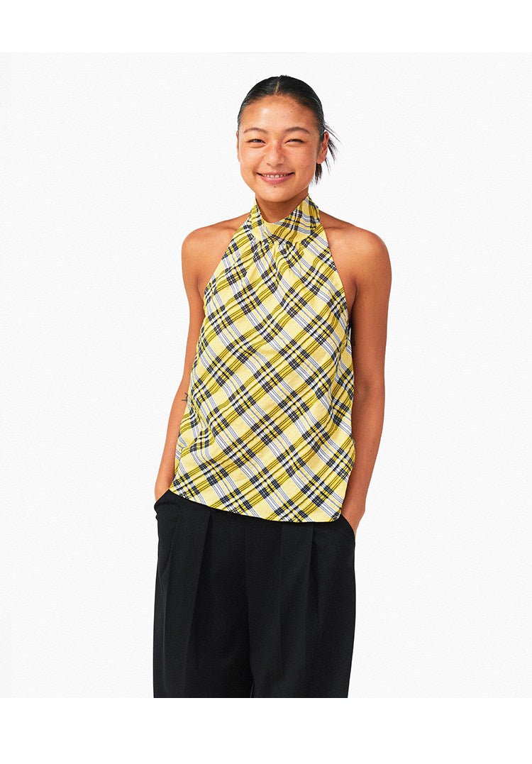 Lemon Yellow & Navy Blue Cotton Plaid Halter Top Secondary image