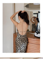 Leopard Print Cowl Neck Spaghetti Strap Open Back Mermaid Dress | EveningVerse