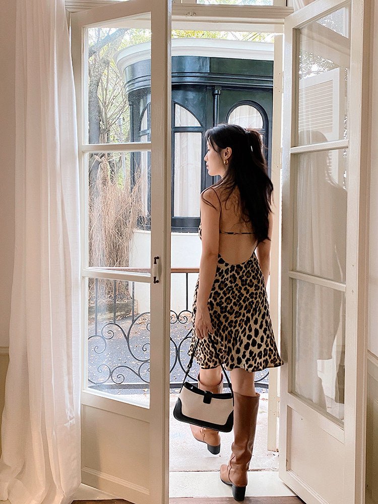 Leopard Print Cowl Neck Spaghetti Strap Open Back Mermaid Dress | EveningVerse