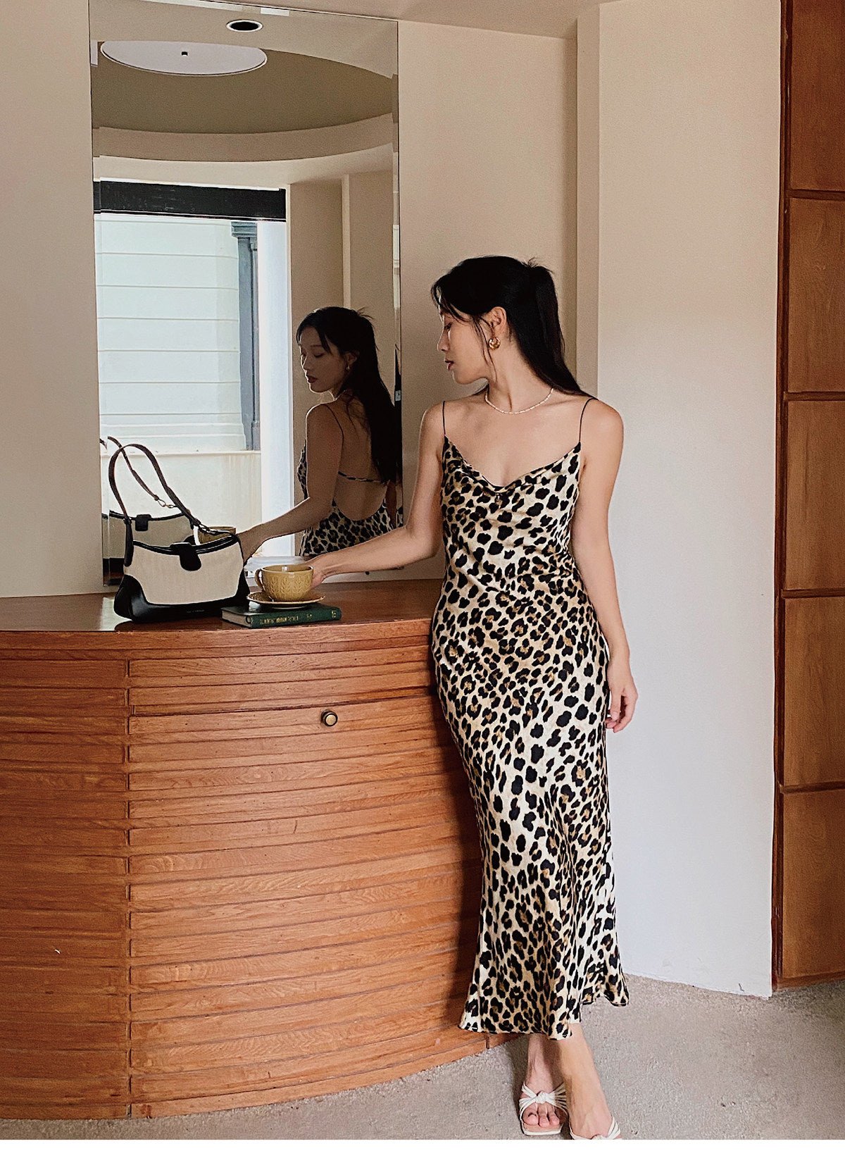 Leopard Print Cowl Neck Spaghetti Strap Open Back Mermaid Dress | EveningVerse