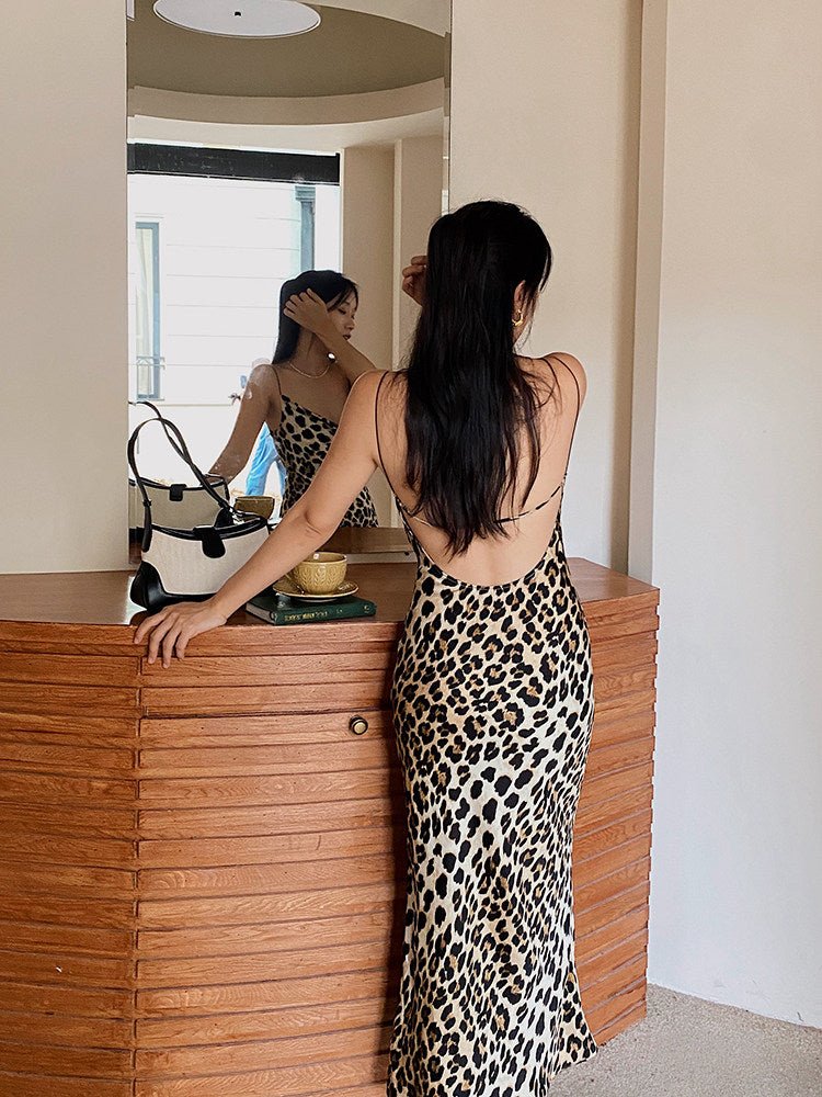Leopard Print Cowl Neck Spaghetti Strap Open Back Mermaid Dress | EveningVerse Main image