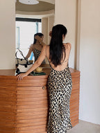 Leopard Print Cowl Neck Spaghetti Strap Open Back Mermaid Dress | EveningVerse