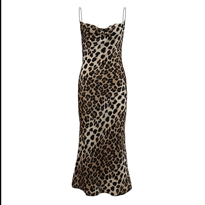 Leopard Print Cowl Neck Spaghetti Strap Open Back Mermaid Dress | EveningVerse