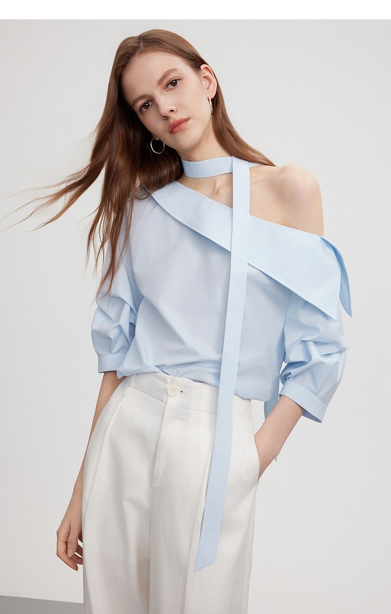 Light Blue Asymmetric Off Shoulder Ribbon Tie Loose Blouse Top - EveningVerse#1 Main image