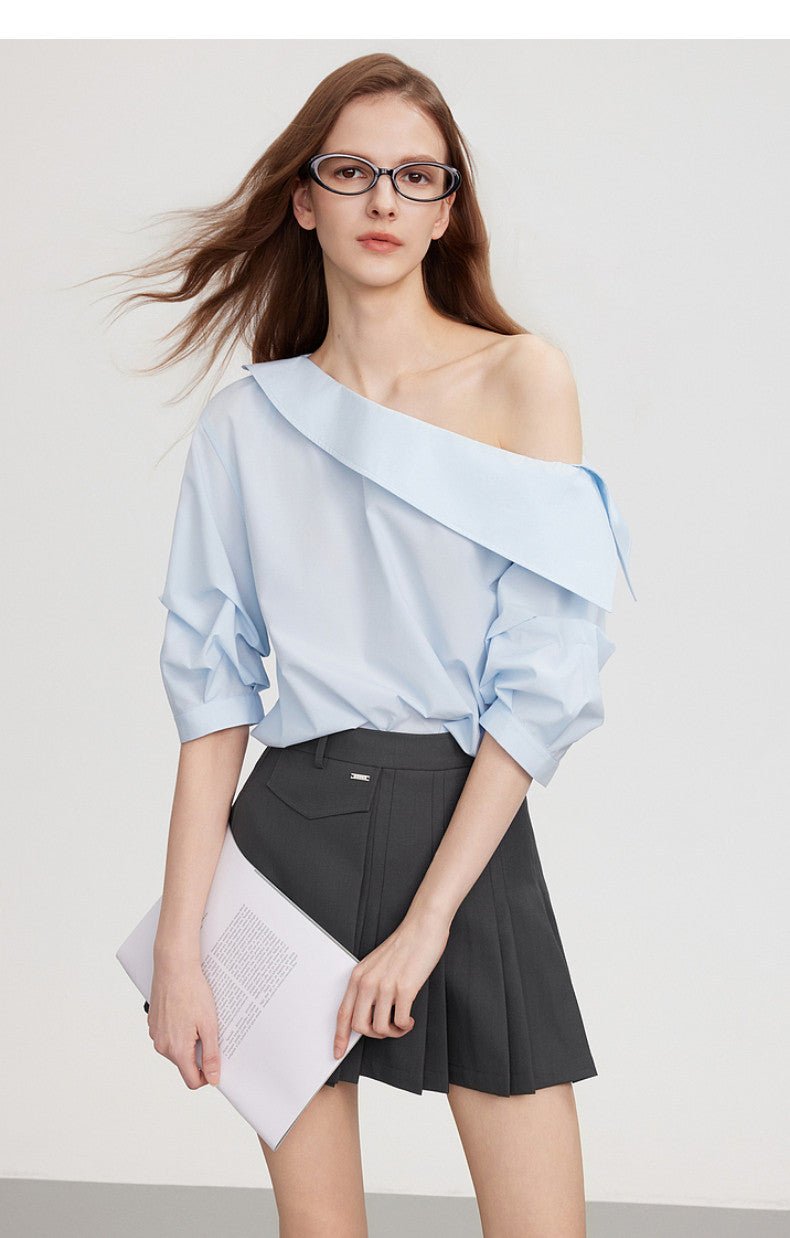Light Blue Asymmetric Off Shoulder Ribbon Tie Loose Blouse Top Secondary image