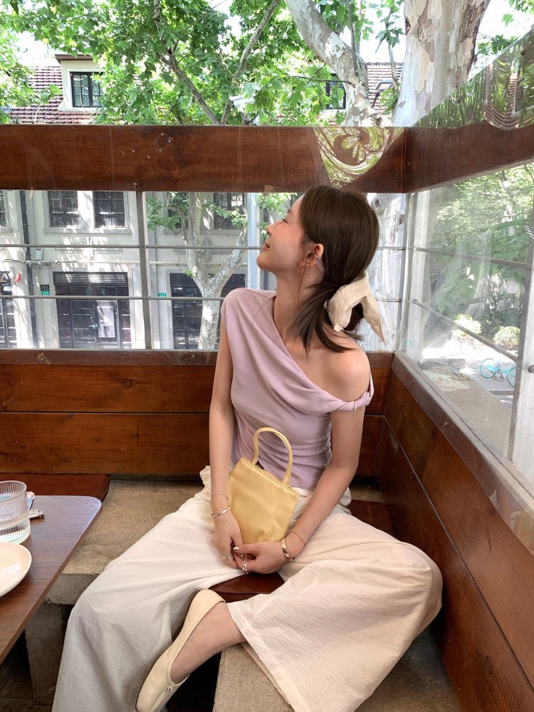 Lilac Purple/Oatmeal Asymmetric Twist Off-the-shoulder Short Sleeve Top - EveningVerse1 Main image