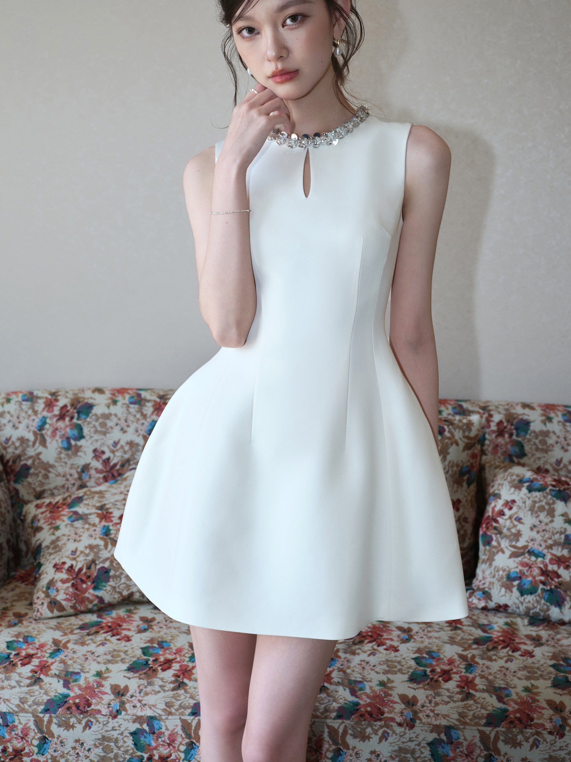 Structured Embellished Neck A - Line Mini Dress - EveningVerse - 1