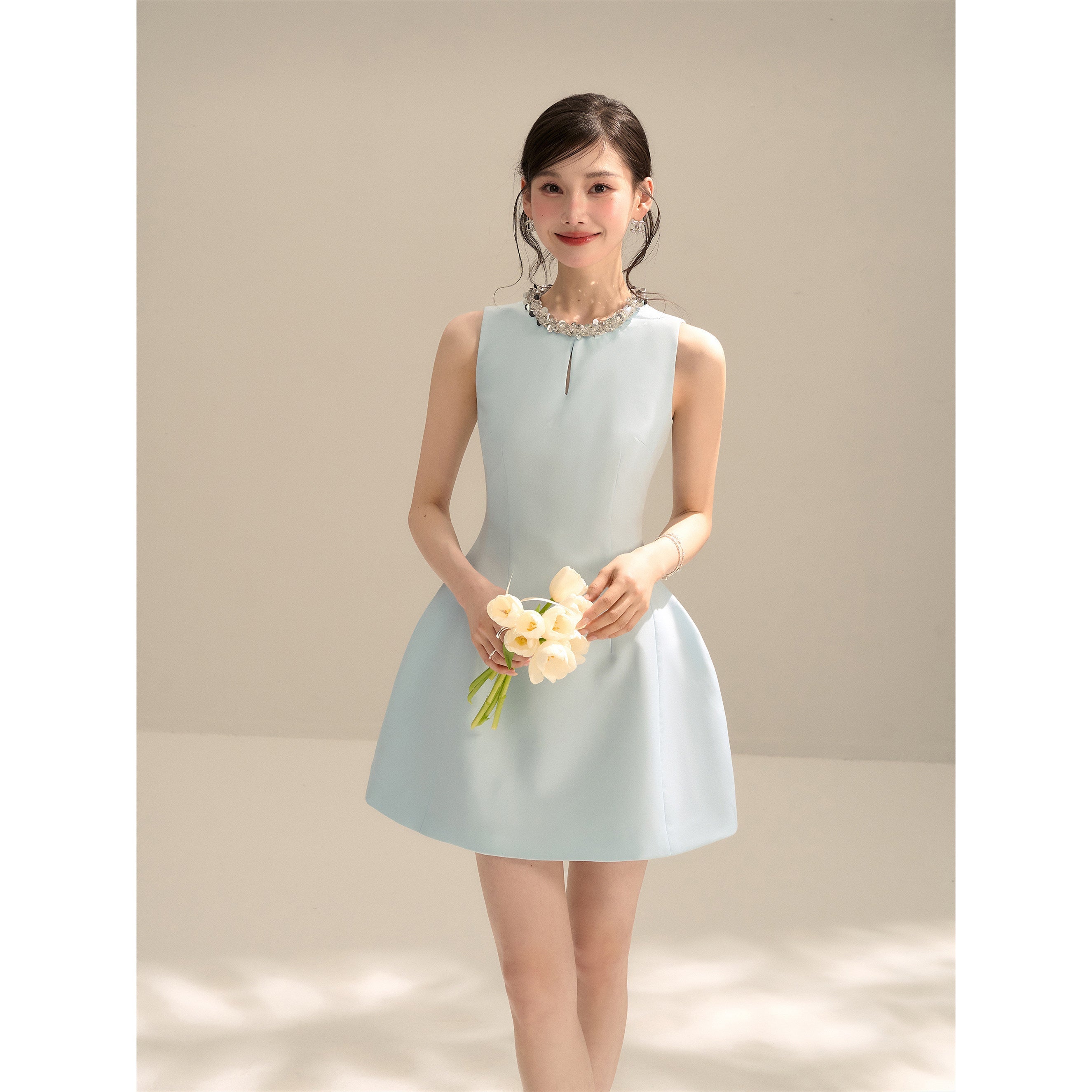 Structured Embellished Neck A - Line Mini Dress - EveningVerse - 15