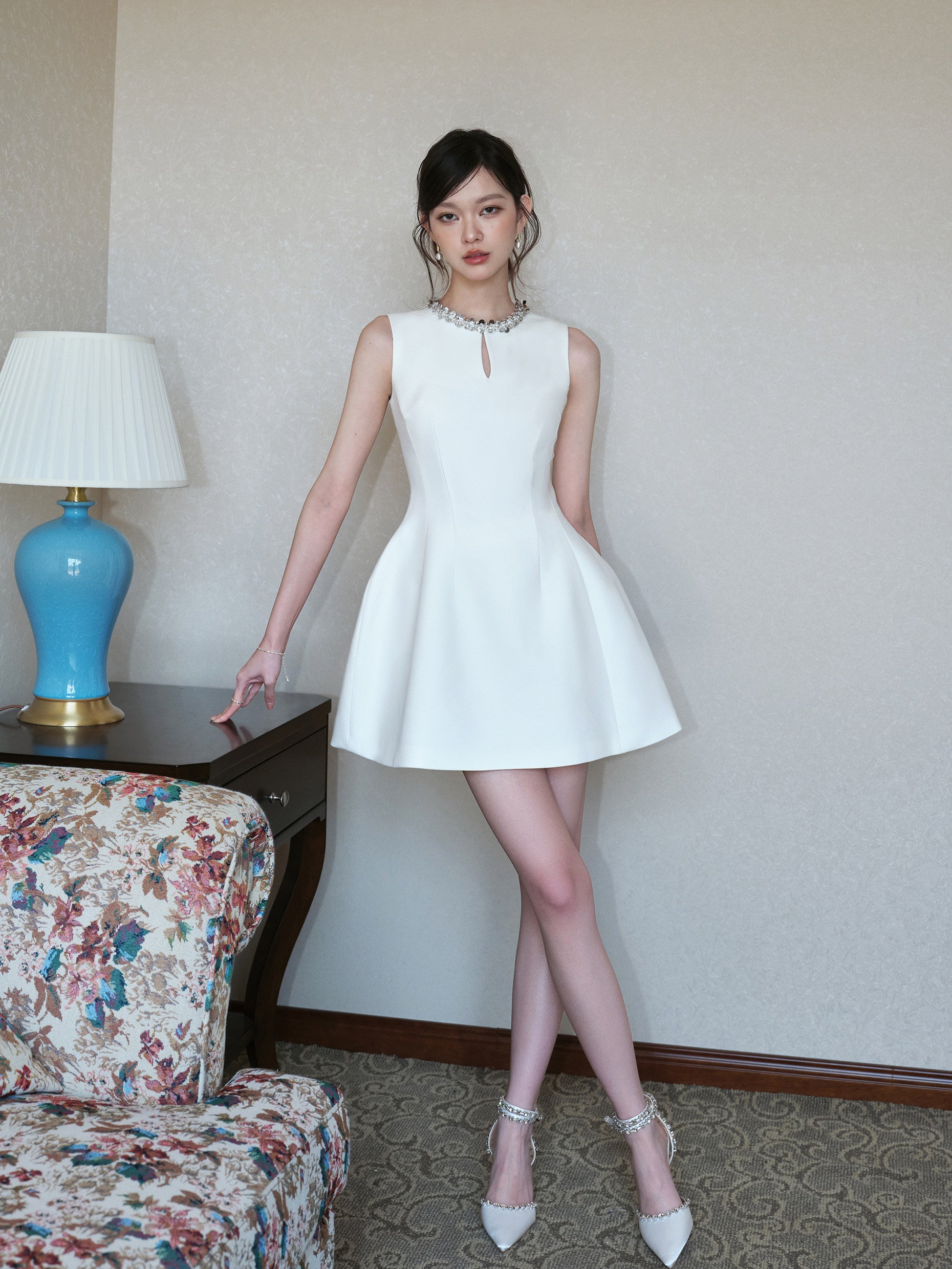 Structured Embellished Neck A - Line Mini Dress - EveningVerse - 4